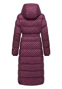 Long puffer coat in a pink geometric pattern, featuring a hood, cinched waist, and ribbed sleeve cuffs. Textured, quilted fabric design.
