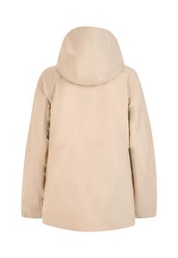 Beige waterdichte jas met een capuchon. Heeft een rechte snit, een egale stofstructuur en minimale ontwerpelementen. Achteraanzicht weergegeven.