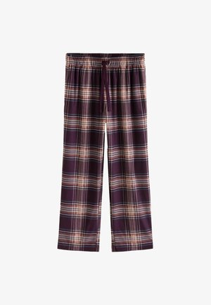Lila-beige karierte Pyjamahose mit elastischem Bund und Kordelzug vor weißem Hintergrund.