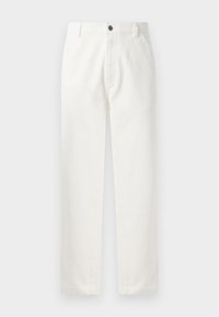 Pantalon en coton blanc avec une coupe droite, des poches avant, une fermeture à bouton en métal et des détails de couture subtils le long des coutures.