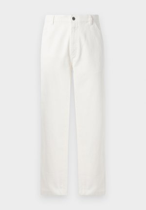 White cotton trousers featuring a straight cut, front pockets, a metal button closure, and subtle stitching details along the seams.