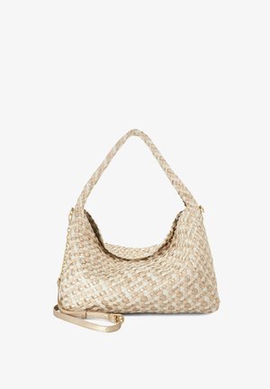 Sac hobo en cuir tissé beige avec une large anse unique et une fine bandoulière amovible avec ferrures dorées.