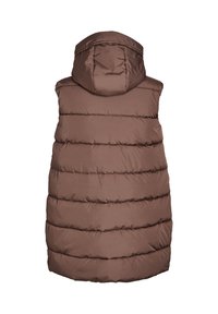 Brown puffer vest with a hood, featuring quilted sections and a smooth, glossy texture. Minimalist design without visible hardware.