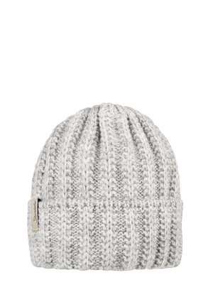 Gray knitted beanie with vertical ribbing pattern, featuring a folded cuff and a small brand tag on the side. Soft texture.
