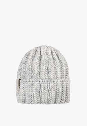 Grau gestrickte Mütze mit vertikaler Rippstrickmuster, featuring einem umgeschlagenen Saum und einem kleinen Markenetikett an der Seite. Weicher Stoff.