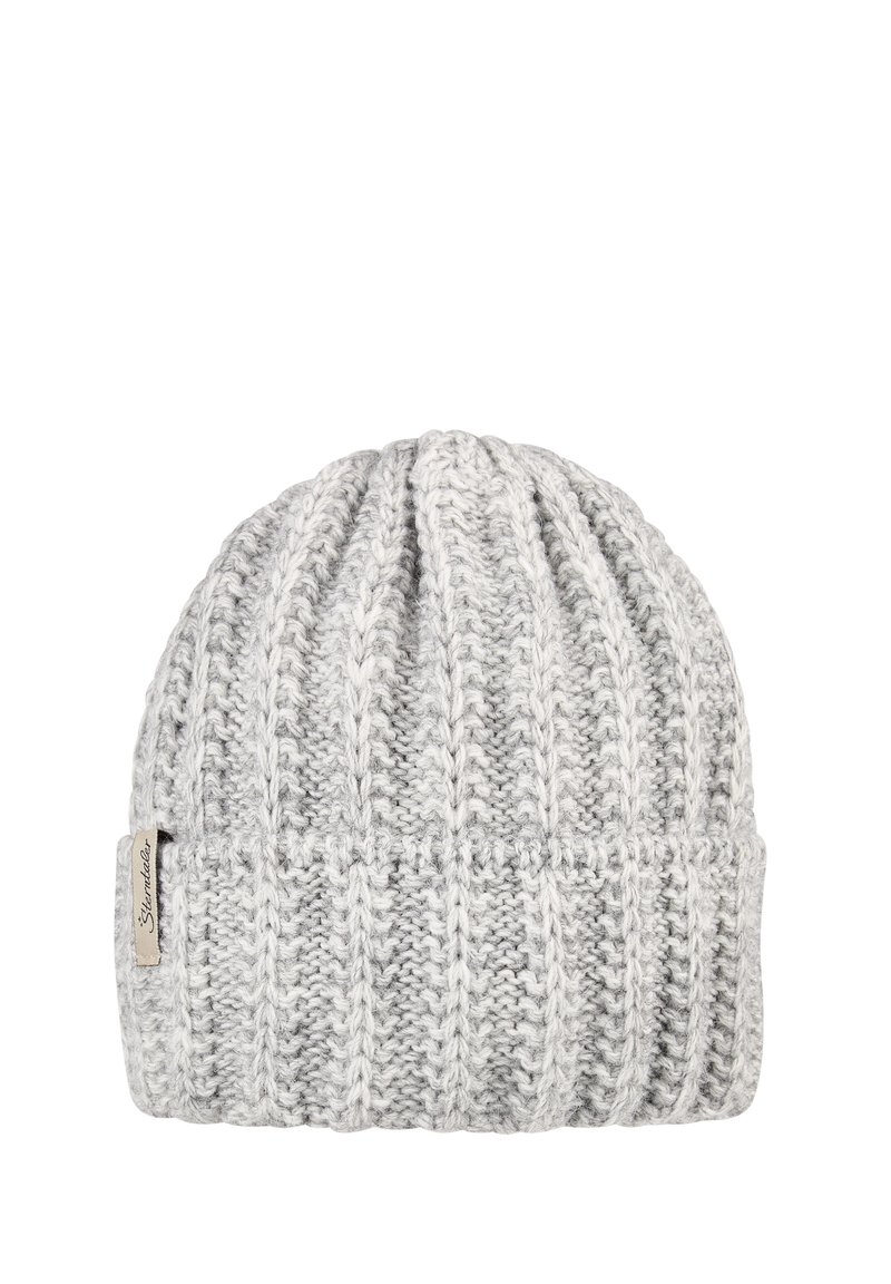 Gray knitted beanie with vertical ribbing pattern, featuring a folded cuff and a small brand tag on the side. Soft texture.