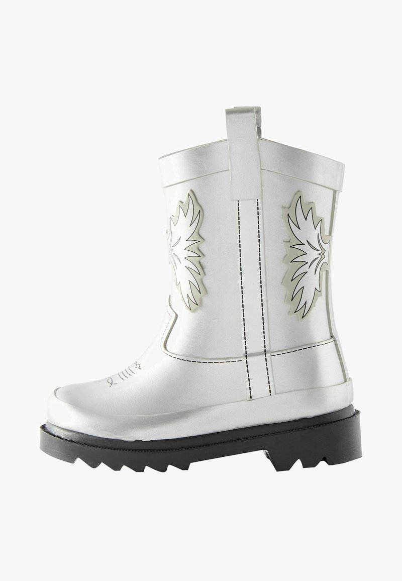 White rubber boots feature a smooth metallic finish, prominent leaf-like accents, heel pull tab, and a rugged black sole with traction.
