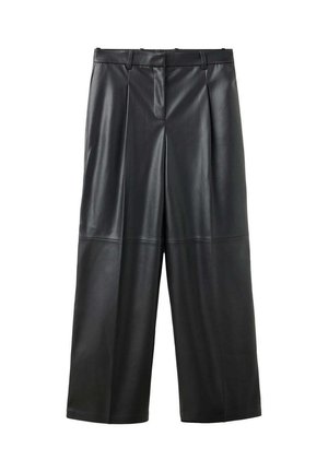 Pantalones de pernera ancha de cuero sintético negro de talle alto con pliegues frontales, trabillas para cinturón y cierre frontal oculto.
