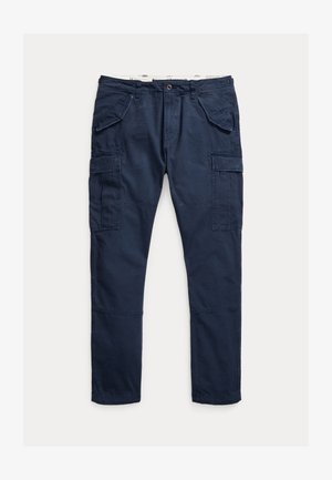 Navyblaue Cargo-Hosen aus strapazierfähigem Stoff, mit mehreren Taschen, einem Knopfverschluss und einem elastischen Bund für zusätzlichen Komfort.