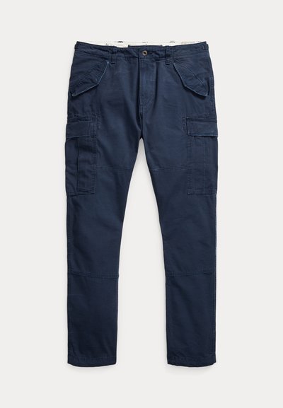 Navy blue cargo pants made of durable fabric, featuring multiple pockets, a button closure, and an elastic waistband for comfort.