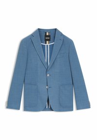 Ljusblå blazer i strukturerad tyg, med två framfickor och två knappar. Inuti har den randig foder i kontrasterande färger.