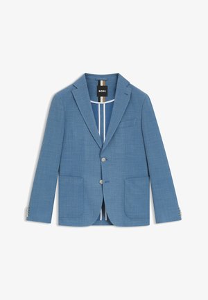Light blue blazer with a textured fabric, two front pockets, and two buttons. Interior features striped lining in contrasting colors.