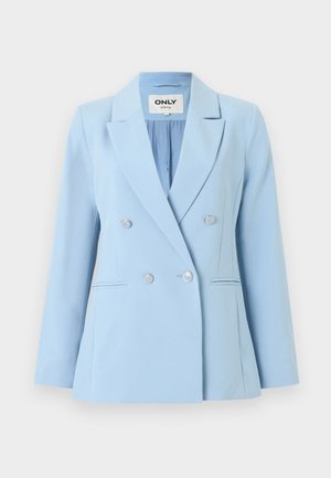 Blazer bleu clair croisé avec des boutons argentés, des revers crantés et deux poches passepoilées à l'avant.
