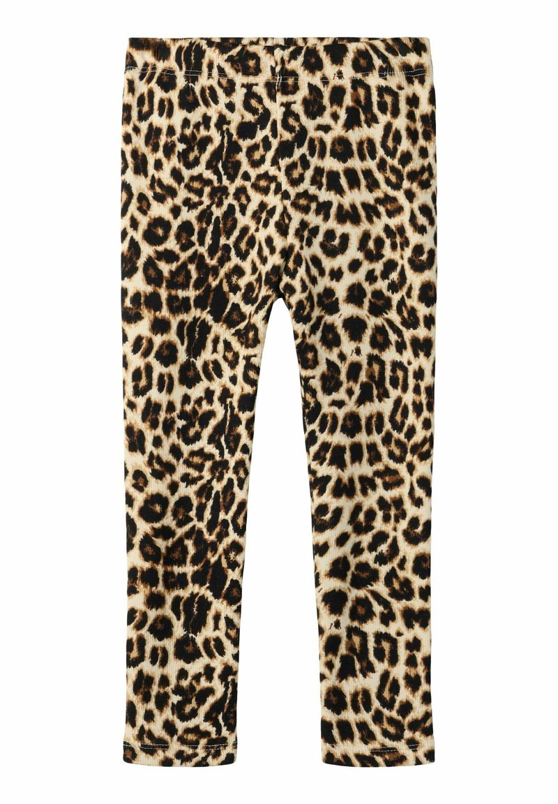 Leggings med leopardmønster som har en beige base med svarte og brune flekker, designet med elastisk midjebånd for komfort og fleksibilitet.