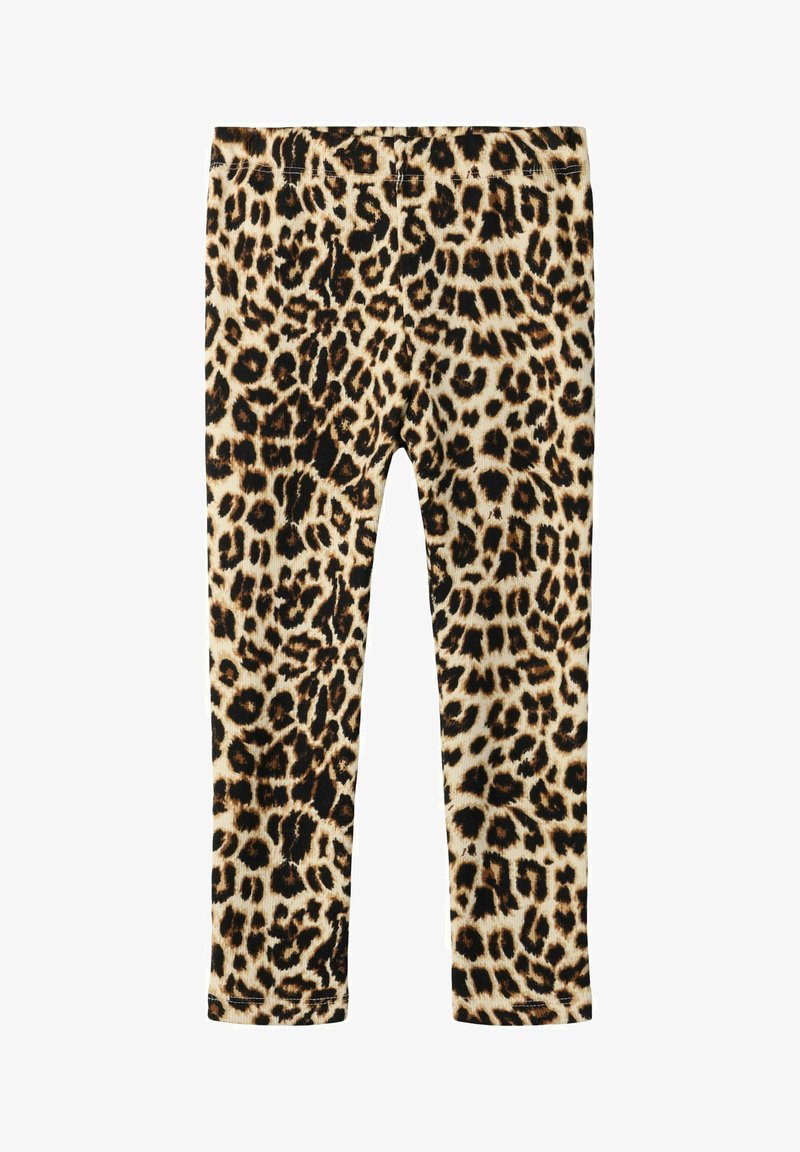 Leggings con stampa leopardata caratterizzati da una base beige con macchie nere e marroni, progettati con una fascia elastica in vita per comfort e flessibilità.