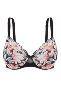 Sujeción de encaje negro con bordado floral en rosa, blanco y verde. Presenta tirantes ajustables y un cierre de gancho en la parte central delantera.