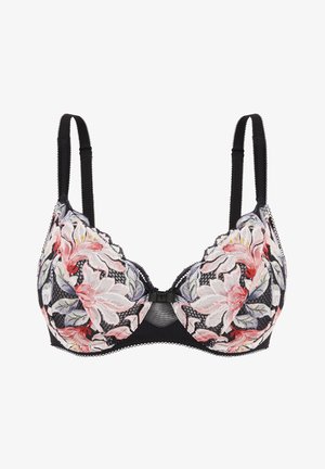 Zwarte kanten bh met bloemengestikte in roze, wit en groen. Voorzien van verstelbare bandjes en een haaksluiting in het midden voor.
