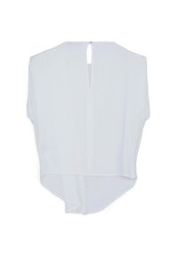 Blusa bianca, tessuto leggero, vestibilità ampia, orlo arrotondato, chiusura posteriore con un piccolo taglio a forma di chiave, maniche corte.
