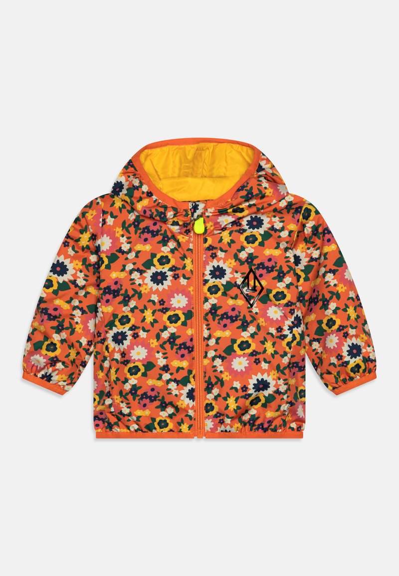 Bright orange jacket with a floral pattern in various colors, featuring a hood, front zipper, and elasticized cuffs. Yellow inner lining.