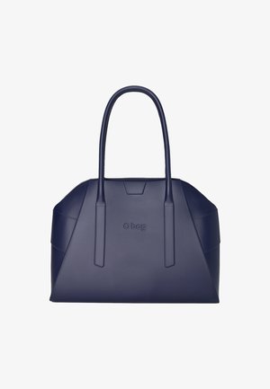 Borsa tote in pelle blu navy con design strutturato, dotata di due manici e logo impresso sul davanti. Texture liscia, stile minimalista.