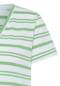 Chemise à manches courtes blanche avec des rayures horizontales vert clair de différentes épaisseurs et un col en V.