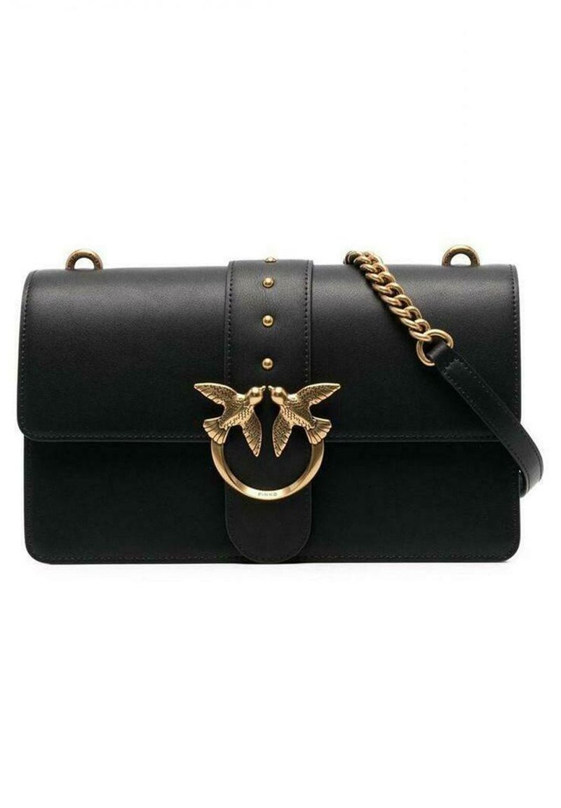 Black leather handbag with a flap closure, gold-tone bird motif, decorative studs, and a chain strap. Smooth texture and structured shape.