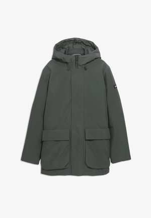 Dunkelgrüne wasserdichte Jacke mit Kapuze, zwei aufgesetzten Fronttaschen, einem durchgehenden Reißverschluss und verstellbaren Kordelzügen.