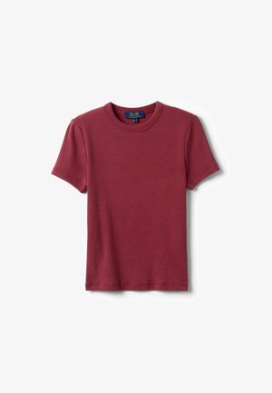 Schlichtes, kurzärmeliges Ripp-T-Shirt in Dunkelrot mit Rundhalsausschnitt und OVS-Markenetikett im Kragen.