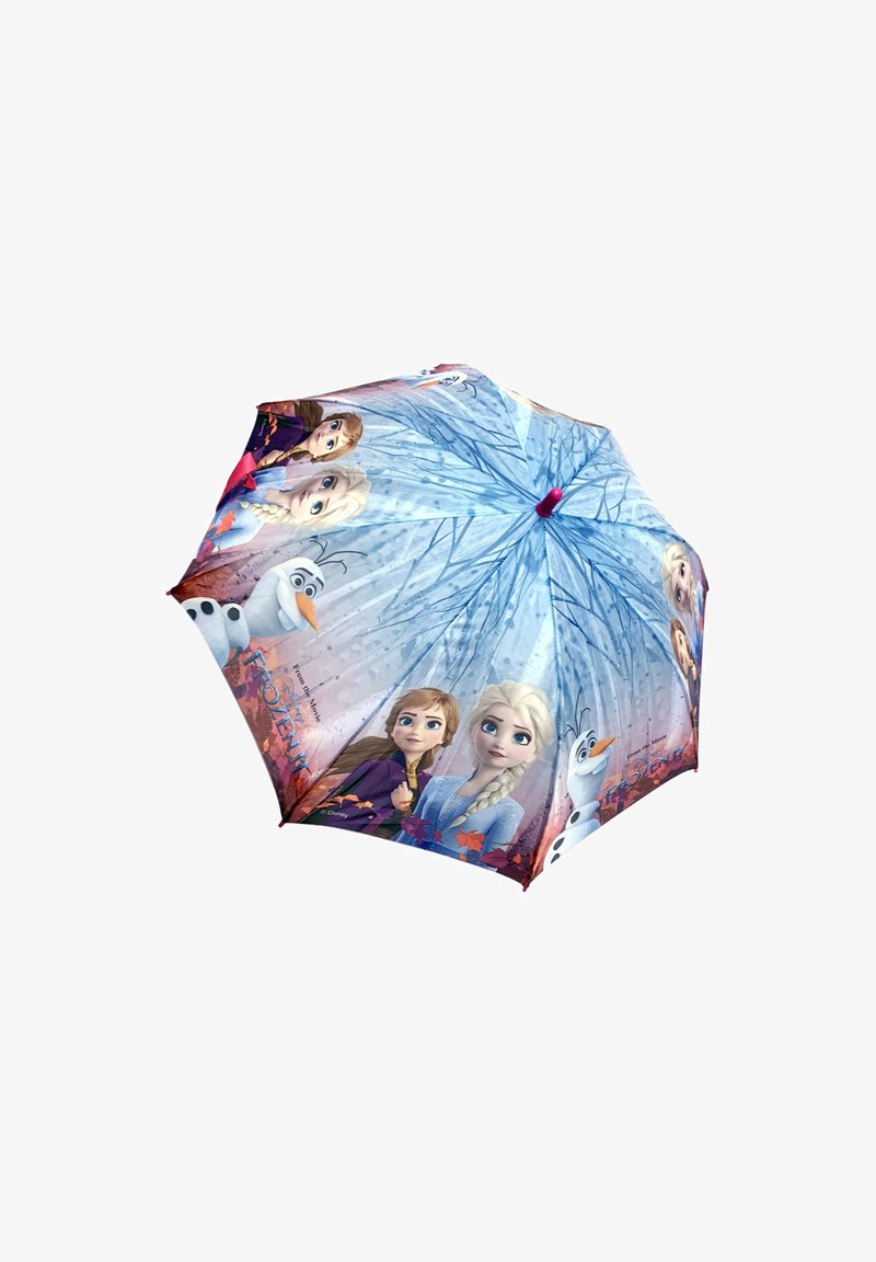 Round umbrella featuring a blue and pastel design with characters from "Frozen," including Elsa, Anna, and Olaf. Pink accents and sturdy canopy.