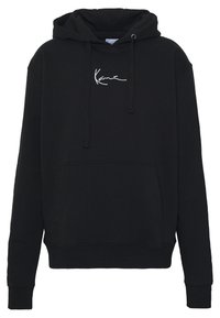 Sudadera negra fabricada con tejido suave, con un bolsillo frontal, capucha con cordón y logo blanco de firma en el pecho. Ajuste y diseño clásico.