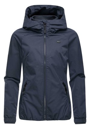 Navy blue waterproof jacket with a hood, front zip closure, elastic cuffs, and two side zippered pockets. Smooth texture, minimal design.