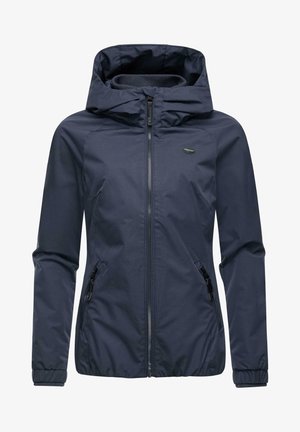 Navy blue waterproof jacket with a hood, front zip closure, elastic cuffs, and two side zippered pockets. Smooth texture, minimal design.