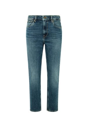 Blue denim jeans with a straight-cut design, featuring a mid-rise waist, five pockets, and light fading on the thighs.