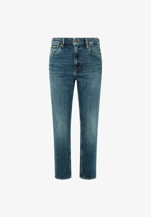 Blue denim jeans with a straight-cut design, featuring a mid-rise waist, five pockets, and light fading on the thighs.