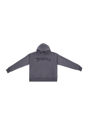 Grauer Kapuzenpullover aus Baumwollmischung. Hat eine vordere Kängurutasche und einen schwarzen "Dropsize"-Druck auf der Vorderseite. Rippstrickbündchen und -saum.