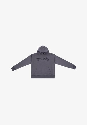 Grijze hoodie gemaakt van een katoenmix. Voorzien van een voorzak en een zwarte "Dropsize" print op de voorkant. Geribbelde boorden en zoom.