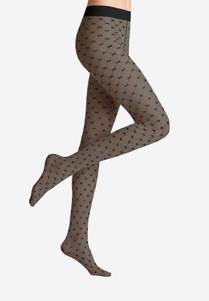Collant neri trasparenti con un motivo a diamante e accenti circolari, rifiniti con una comoda vita larga nera.