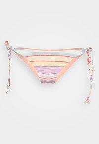 Parte de baixo de biquíni listrada em cores pastel, com linhas verticais em rosa, roxo e laranja. Laços laterais ajustáveis com detalhes em metal.