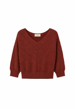 Maglione con scollo a V rosso ruggine con motivo chevron testurizzato e polsini e orlo a coste, marchio Twinset.