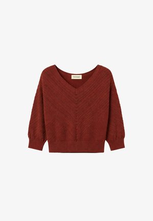 Maglione con scollo a V rosso ruggine con motivo chevron testurizzato e polsini e orlo a coste, marchio Twinset.