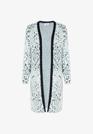 Hosszú, nyitott elülső kardigán világosszürke és fekete színben, puha, bolyhos textúrával, díszes fekete szegéllyel az éleken.