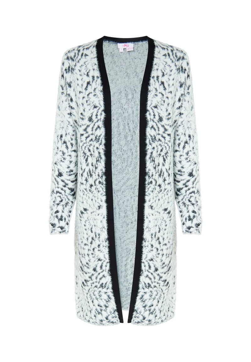 Lange, open voorkant cardigan in lichtgrijs en zwart, met een zachte, pluizige textuur en een decoratieve zwarte rand langs de randen.