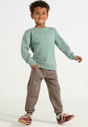 Felpa verde menta con maniche lunghe, abbinata a pantaloni della tuta grigi. L'outfit presenta polsini elasticizzati e tasche, completato da sneaker marroni.