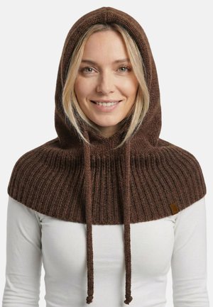 Ruskea neulottu hupullinen viitta, jossa on resoripintainen rakenne, nyörikoristeet ja tasainen muoto, joka peittää hartiat. Hupullinen lisäosa lämmittämään.