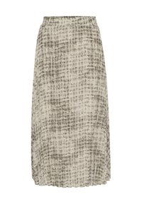 Falda maxi de tela liviana, con un patrón abstracto en beige y gris, cinturilla elástica y un diseño plisado para mayor textura.