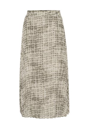 Gonna maxi in tessuto leggero, caratterizzata da un motivo astratto beige e grigio, con vita elastica e design plissettato per un tocco di texture in più.