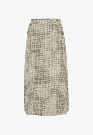 Maxi nederdel i letvægtsstof med et beige og gråt abstrakt mønster, elastisk talje og plisseret design for ekstra tekstur.