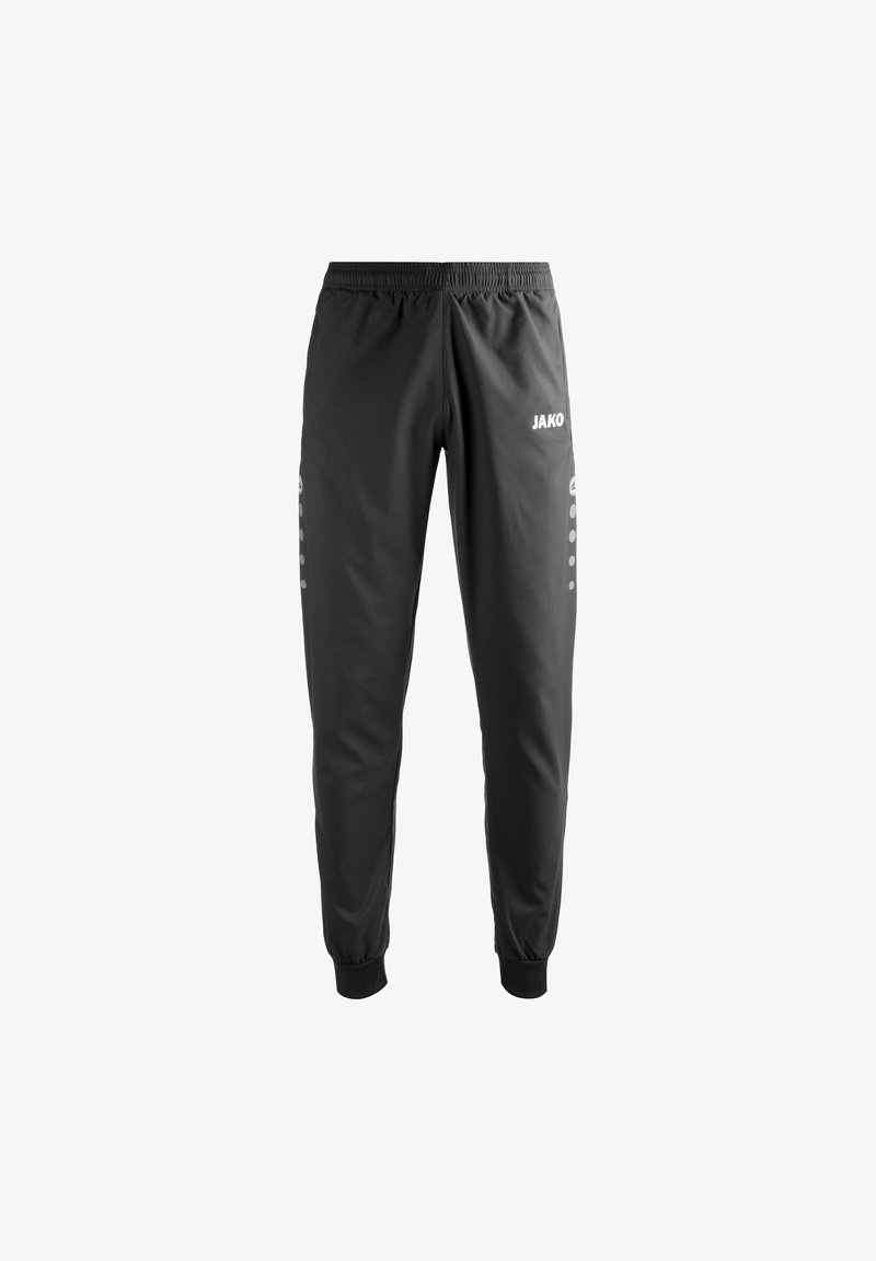 Schwarze Sporthose mit elastischem Bund, tapered Fit und umschlagenen Säumen. Mit weißem Logo und gepunktetem Muster an der Seite.