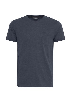 T-shirt in cotone blu scuro con maniche corte, collo tondo e tasca sul petto a sinistra. Tessuto morbido e design a taglio dritto.