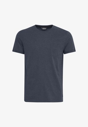 T-shirt in cotone blu scuro con maniche corte, collo tondo e tasca sul petto a sinistra. Tessuto morbido e design a taglio dritto.